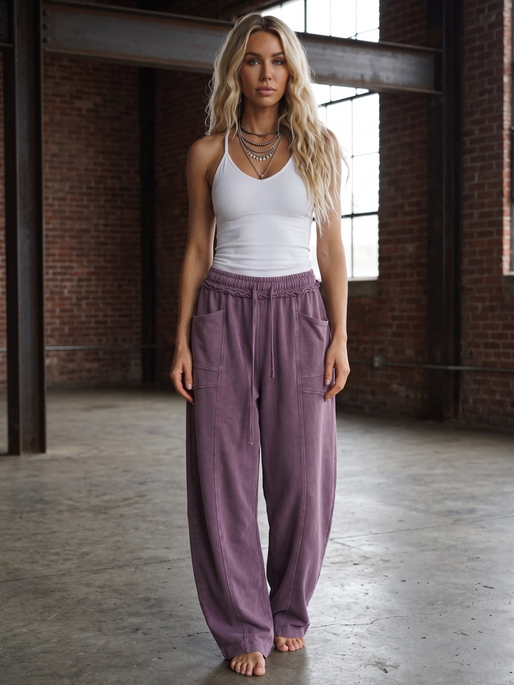 NWT Washed Barrel Drawstring Boho Sweats Sweatpants Relaxed Fit Pants Eggplant - Picture 4 of 11